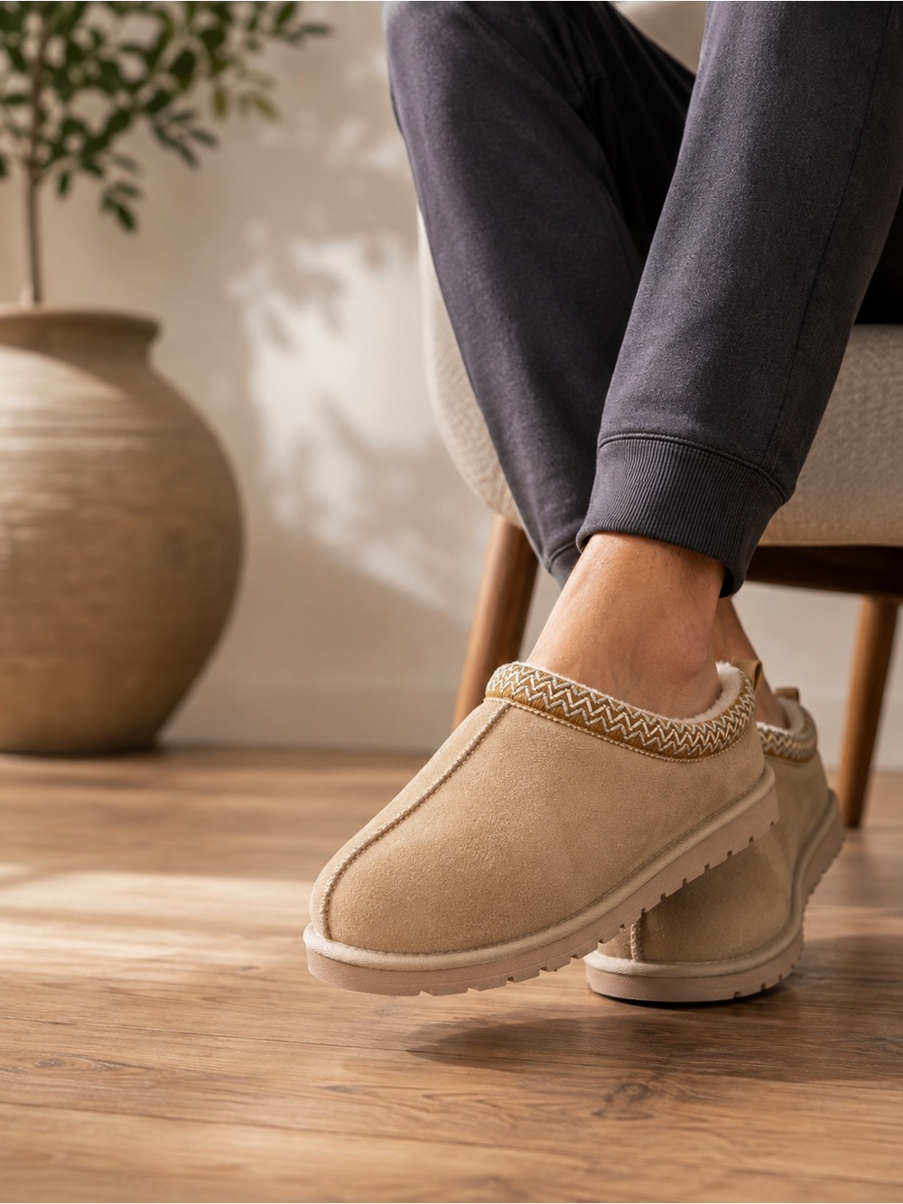 EvellYHootd Faux Suede Lined Slippers Women’s Beige Cozy House Shoe